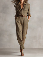 Women’s Plaid Utility Jumpsuit with Tweed Texture and Tailored Fit 0