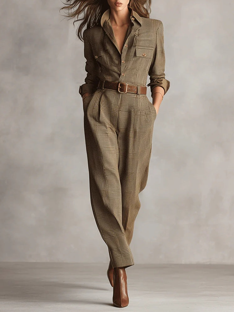 Women’s Plaid Utility Jumpsuit with Tweed Texture and Tailored Fit 0