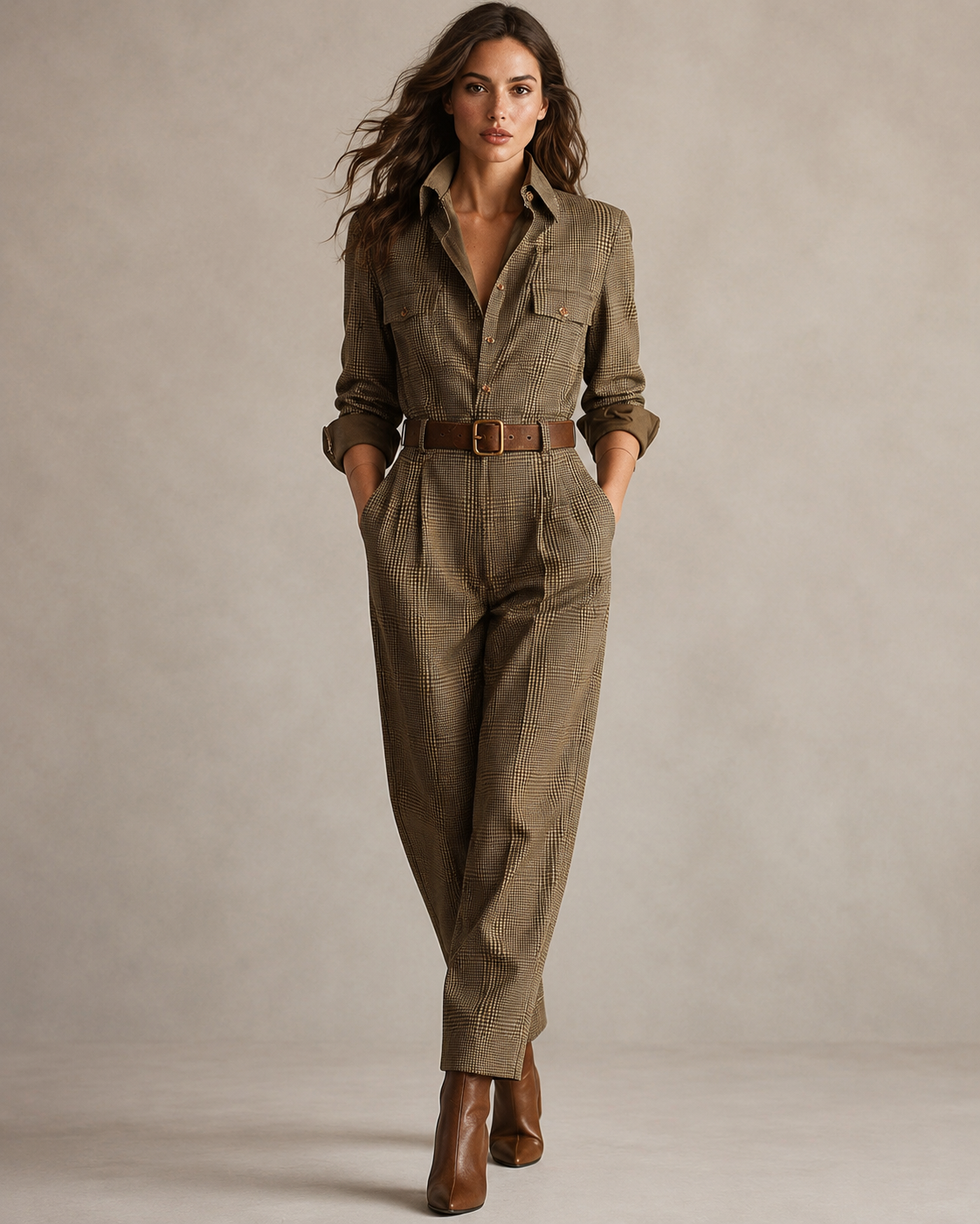 Women’s Plaid Utility Jumpsuit with Tweed Texture and Tailored Fit 00