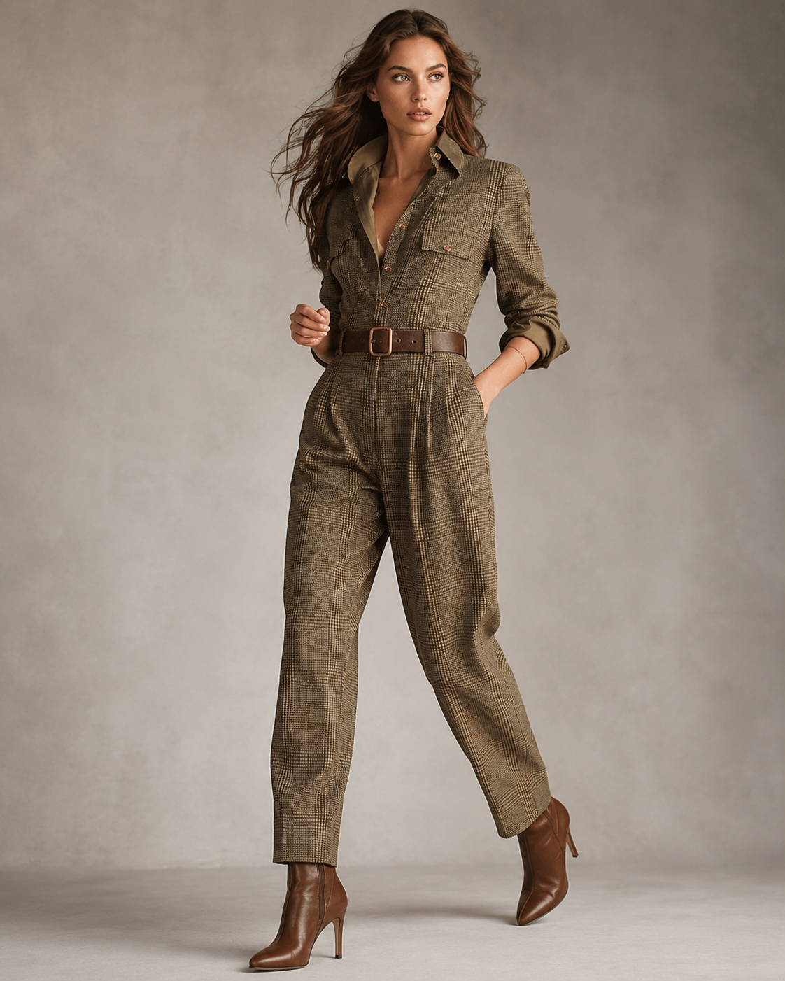 Women’s Plaid Utility Jumpsuit with Tweed Texture and Tailored Fit 33