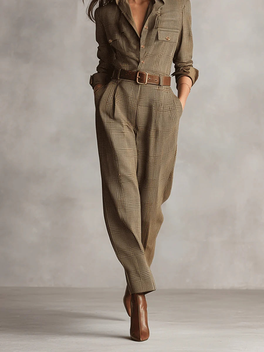 Women’s Plaid Utility Jumpsuit with Tweed Texture and Tailored Fit 2