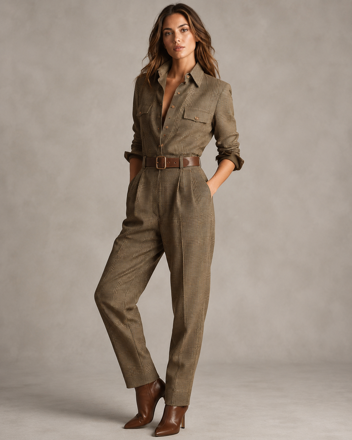 Women’s Plaid Utility Jumpsuit with Tweed Texture and Tailored Fit 11