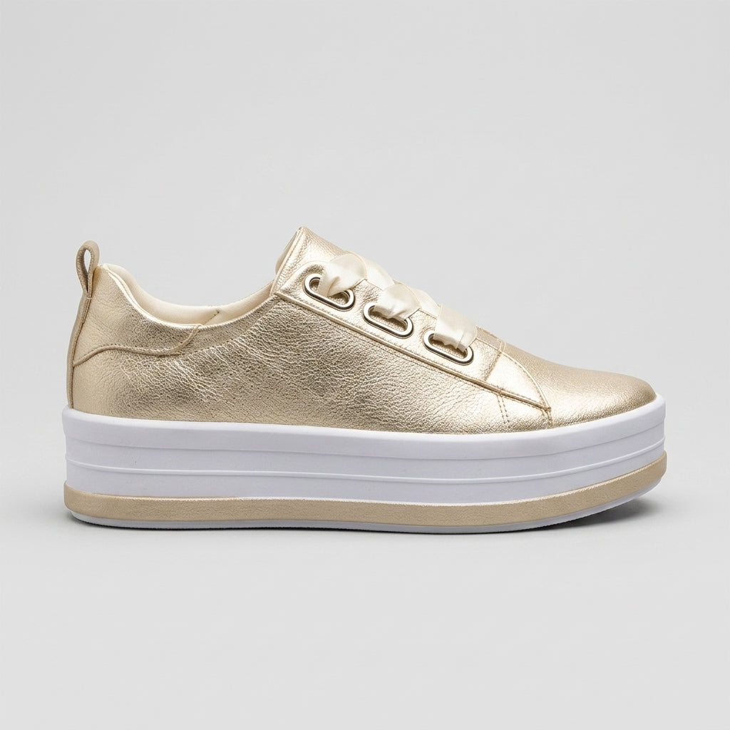 Women’s Platform Sneakers with Metallic Upper and Ribbon Lace-Up Design 0