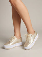 Women’s Platform Sneakers with Metallic Upper and Ribbon Lace-Up Design 1