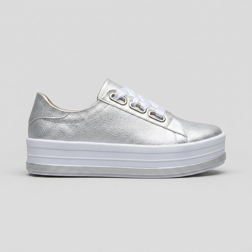 Women’s Platform Sneakers with Metallic Upper and Ribbon Lace-Up Design 3