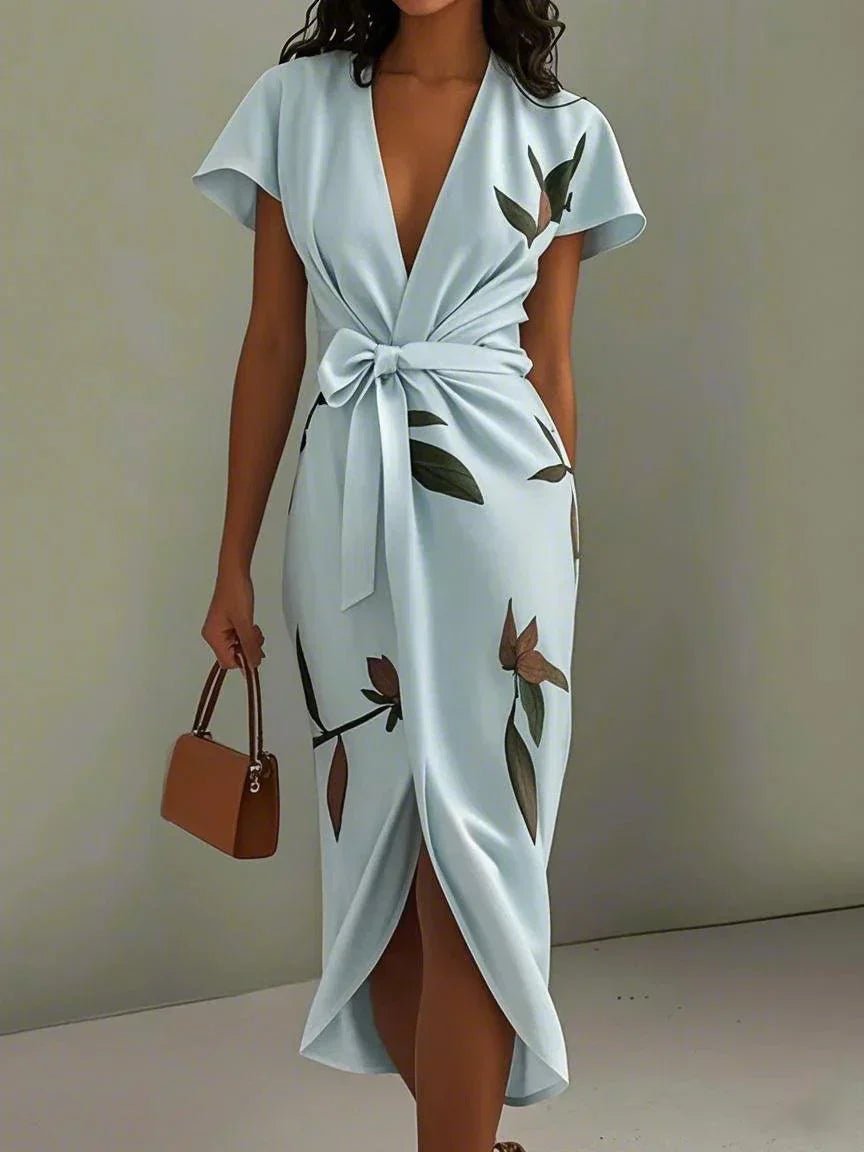 Women’s Plus Size Floral Midi Wrap Dress with V-Neck and Tie Waist 1