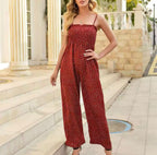 Women’s Polka Dot Wide-Leg Jumpsuit with Smocked Bodice and Delicate Shoulder Straps 0