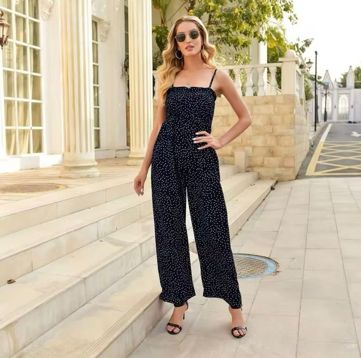 Women’s Polka Dot Wide-Leg Jumpsuit with Smocked Bodice and Delicate Shoulder Straps 2