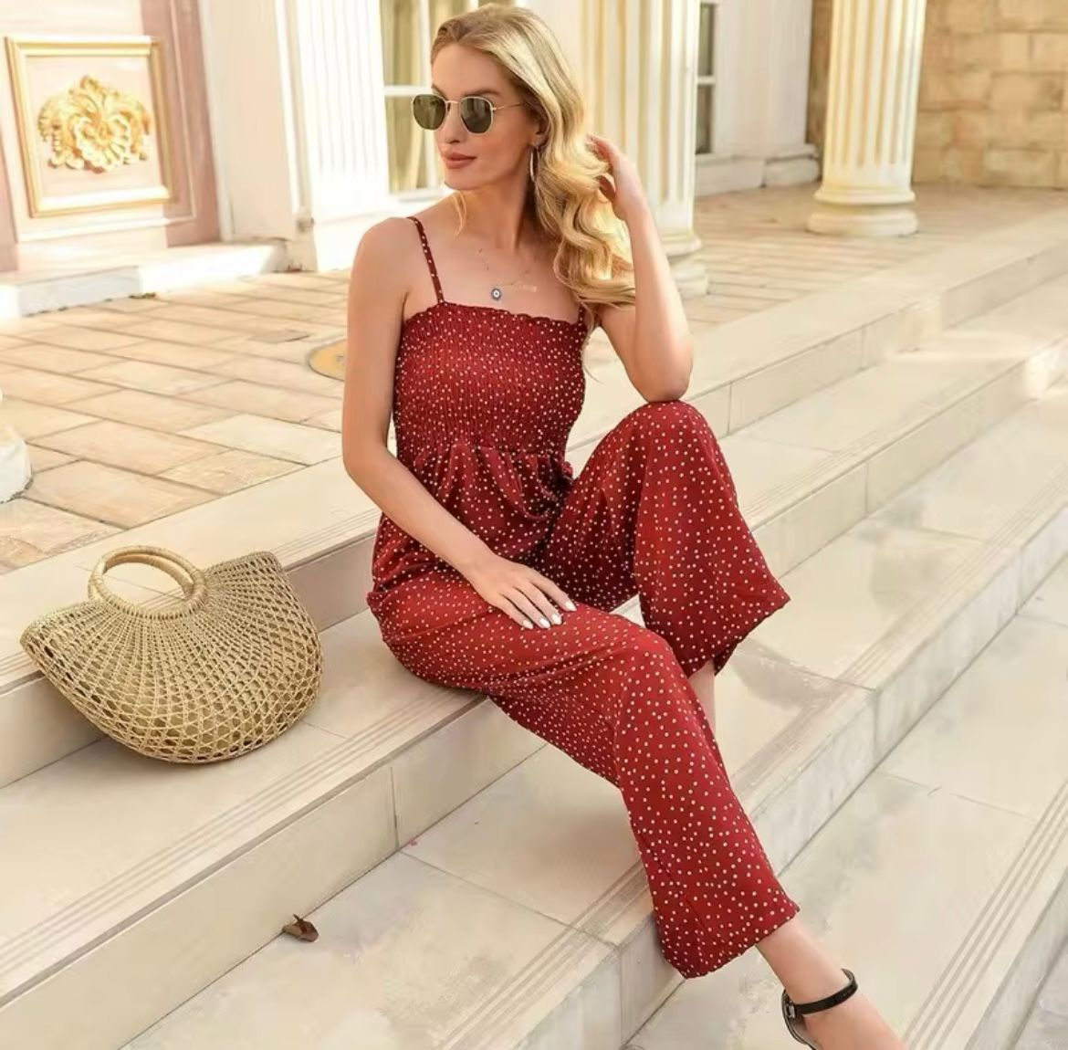 Women’s Polka Dot Wide-Leg Jumpsuit with Smocked Bodice and Delicate Shoulder Straps 5
