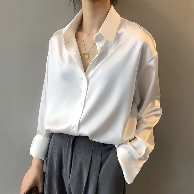 Women’s Relaxed Satin Blouse with Elegant Sheen and Fluid Drape 1