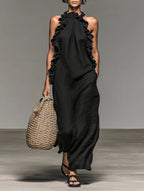 Women’s Ruffle-Detail Sleeveless Maxi Dress in Breathable Linen Blend 0