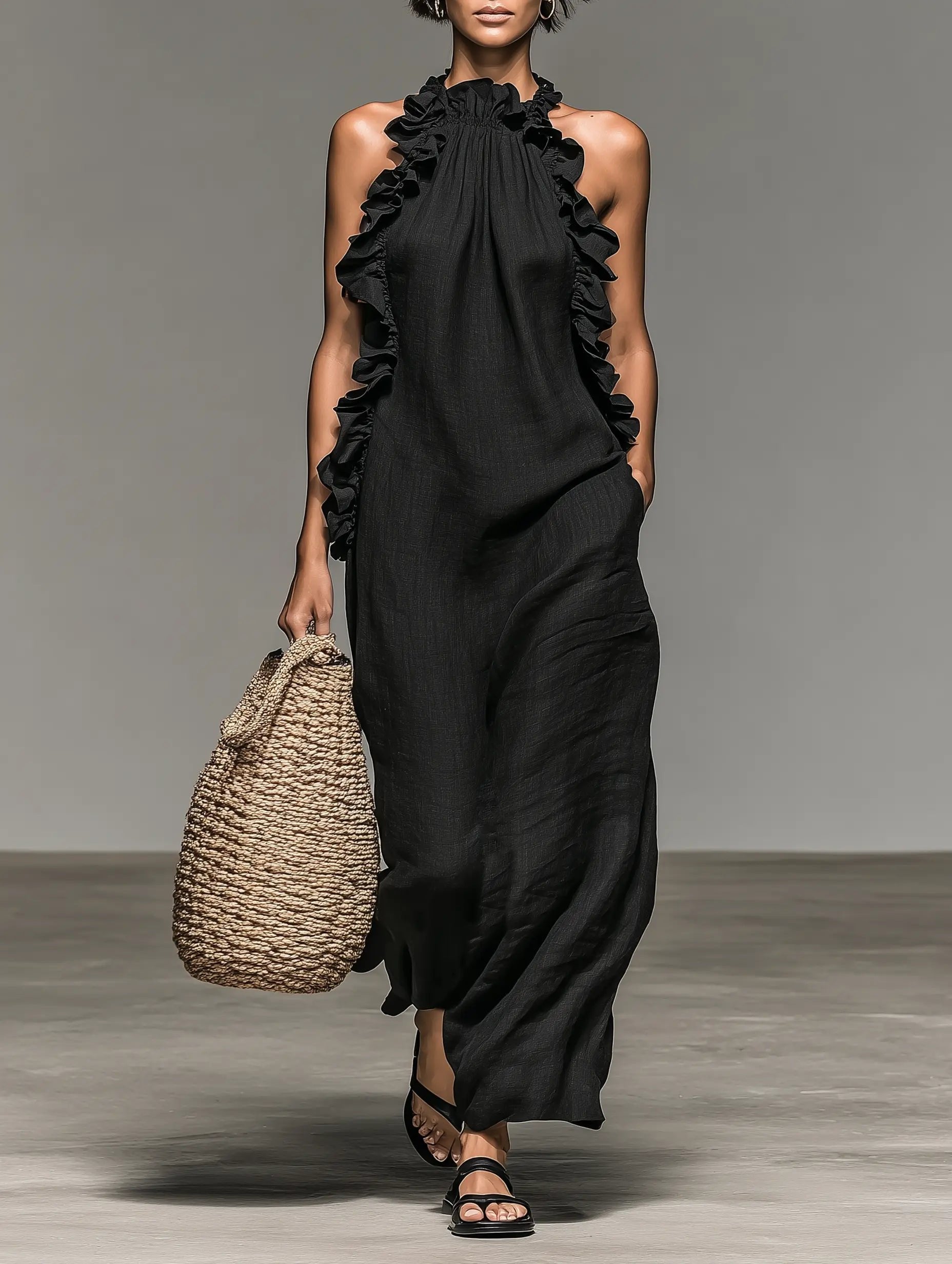Women’s Ruffle-Detail Sleeveless Maxi Dress in Breathable Linen Blend 0