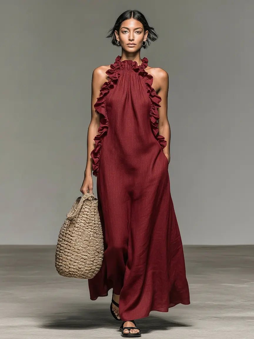 Women’s Ruffle-Detail Sleeveless Maxi Dress in Breathable Linen Blend 2