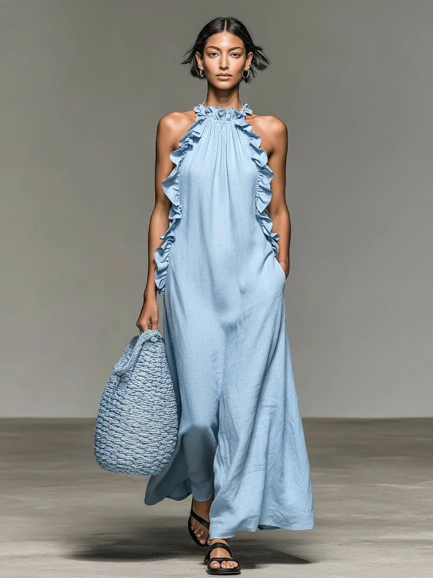 Women’s Ruffle-Detail Sleeveless Maxi Dress in Breathable Linen Blend 3