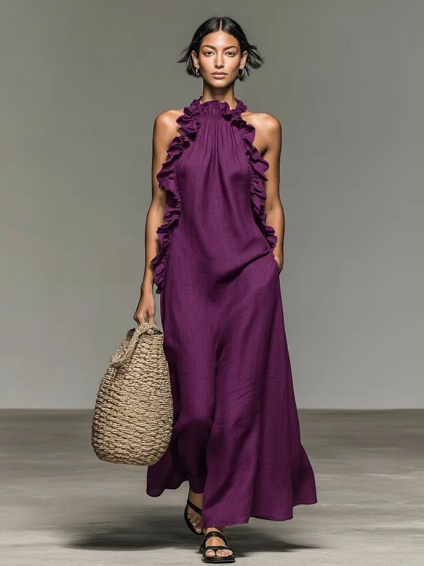 Women’s Ruffle-Detail Sleeveless Maxi Dress in Breathable Linen Blend 4