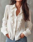 Women's Ruffle Front Blouse with Long Sleeves and Relaxed Fit 0