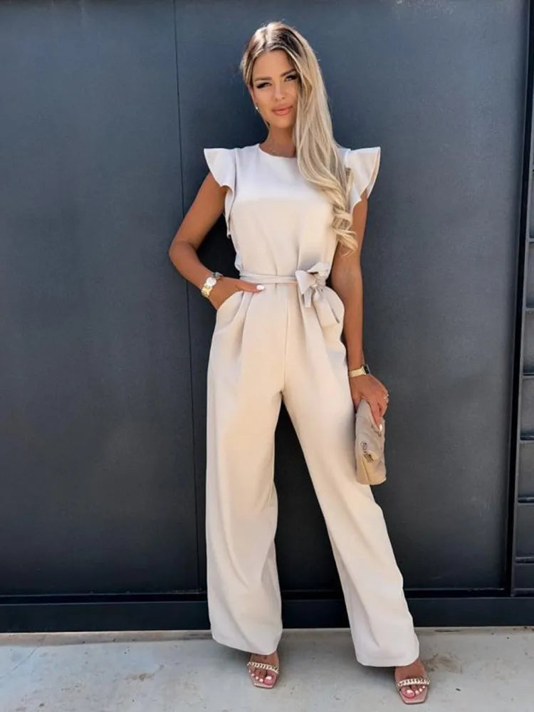 Women’s Ruffle Sleeve Jumpsuit with Adjustable Waist and Wide Leg Fit 0