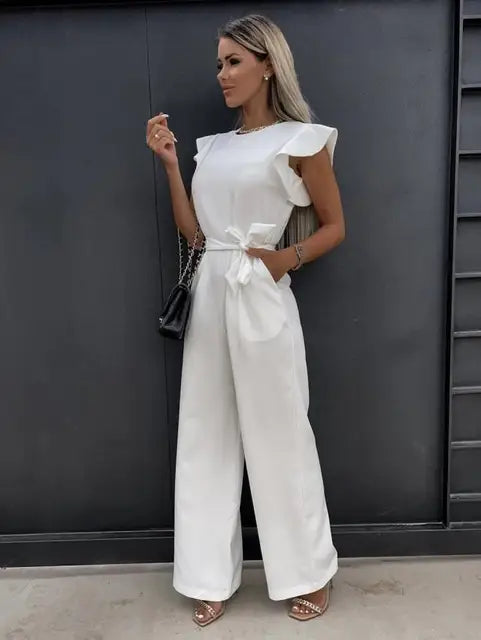 Women’s Ruffle Sleeve Jumpsuit with Adjustable Waist and Wide Leg Fit 1