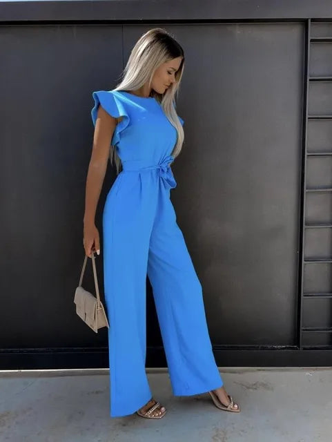 Women’s Ruffle Sleeve Jumpsuit with Adjustable Waist and Wide Leg Fit 2