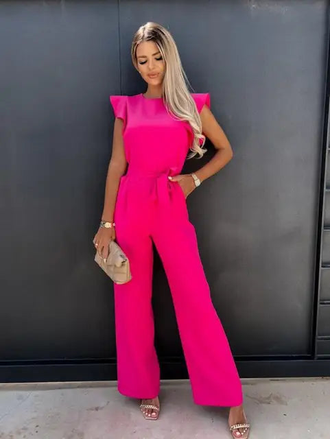 Women’s Ruffle Sleeve Jumpsuit with Adjustable Waist and Wide Leg Fit 3