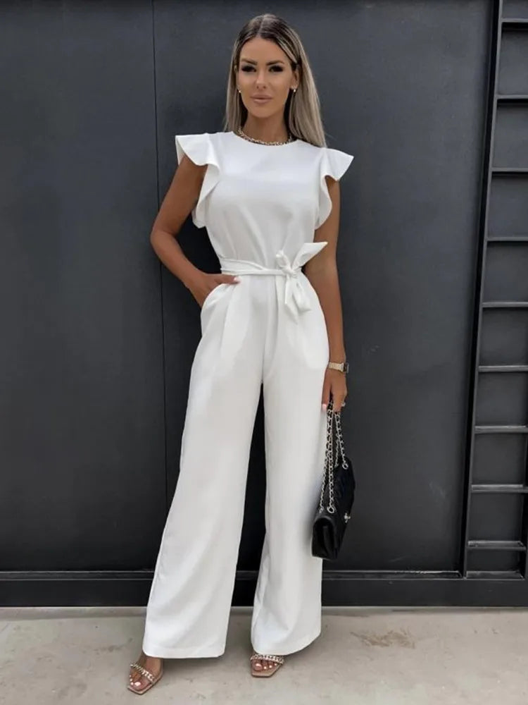 Women’s Ruffle Sleeve Jumpsuit with Adjustable Waist and Wide Leg Fit 7