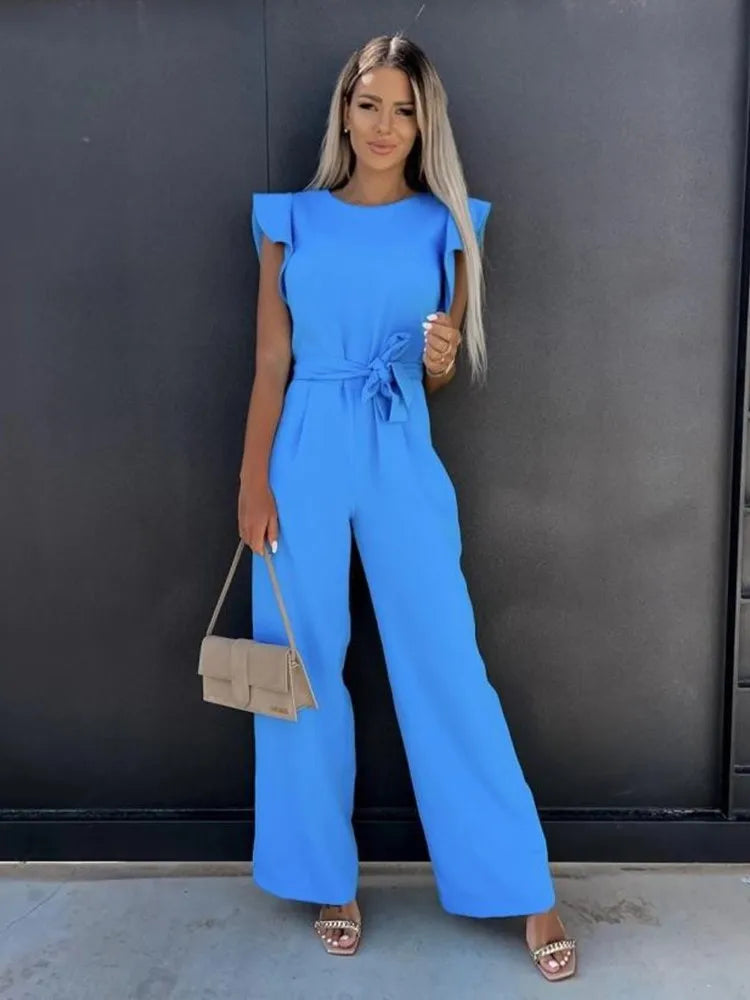 Women’s Ruffle Sleeve Jumpsuit with Adjustable Waist and Wide Leg Fit 8