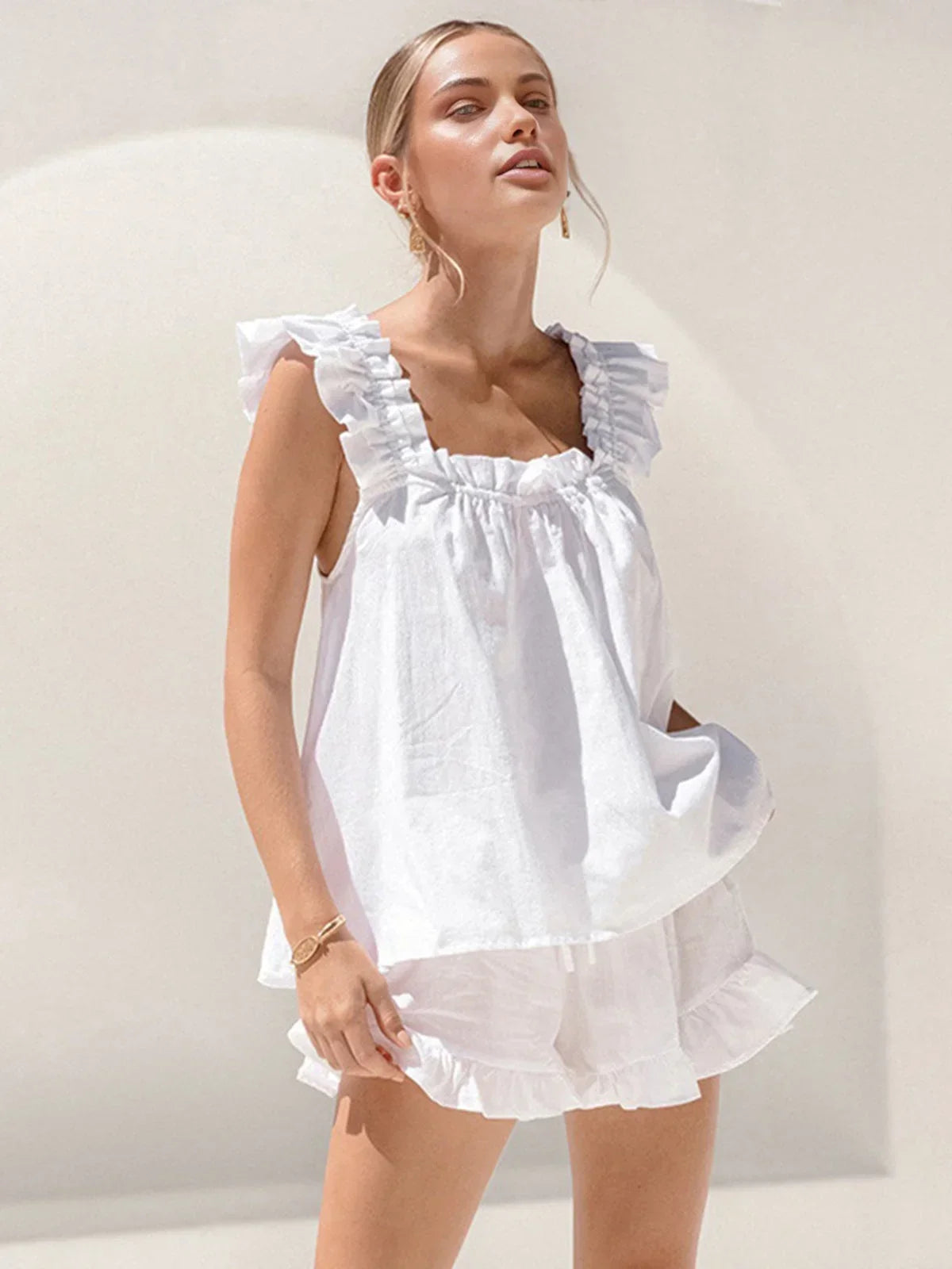 Women’s Ruffled Sleeveless Top and Shorts Set in Lightweight Fabric for Summer Casual Outings 0