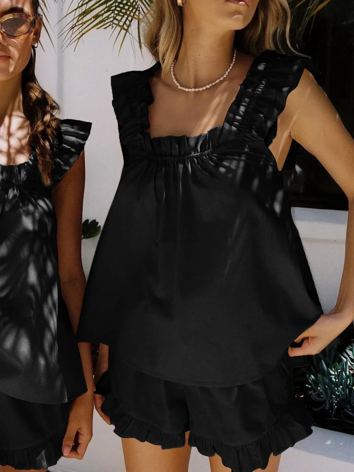 Women’s Ruffled Sleeveless Top and Shorts Set in Lightweight Fabric for Summer Casual Outings 8