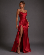 Women's Satin Bodycon Maxi Dress with Sweetheart Neckline and Spaghetti Straps 044