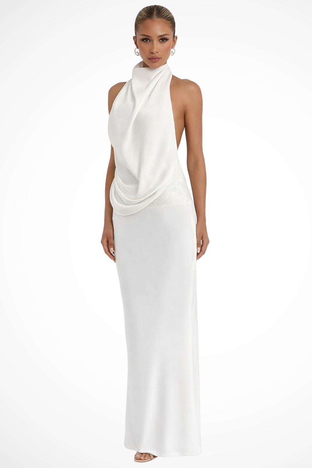Women's Satin Halter Neck Maxi Dress with Draped Front for Formal Events 0