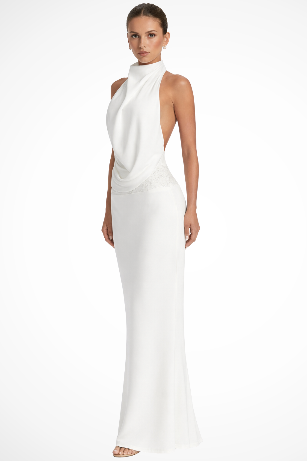 Women's Satin Halter Neck Maxi Dress with Draped Front for Formal Events 2