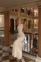 Women's Satin Halter Neck Maxi Dress with Draped Front for Formal Events 5