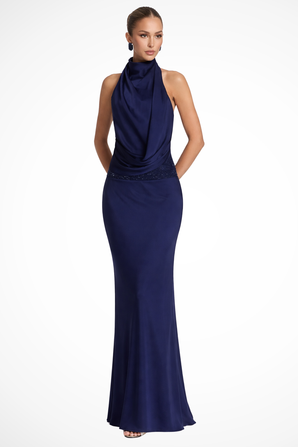 Women's Satin Halter Neck Maxi Dress with Draped Front for Formal Events 7