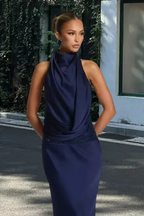 Women's Satin Halter Neck Maxi Dress with Draped Front for Formal Events 8