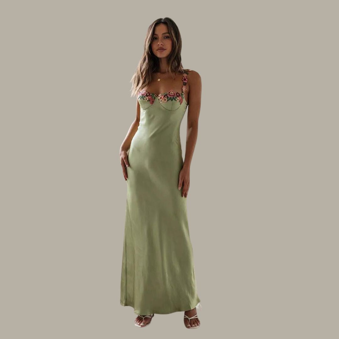 Women’s Satin Maxi Dress with Floral Embellishments for Wedding Guests 0