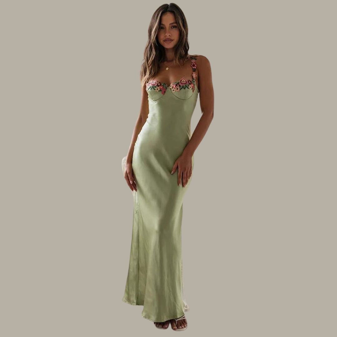Women’s Satin Maxi Dress with Floral Embellishments for Wedding Guests 4