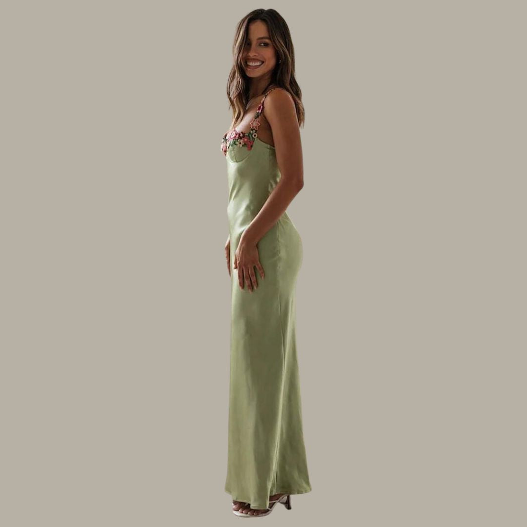 Women’s Satin Maxi Dress with Floral Embellishments for Wedding Guests 5