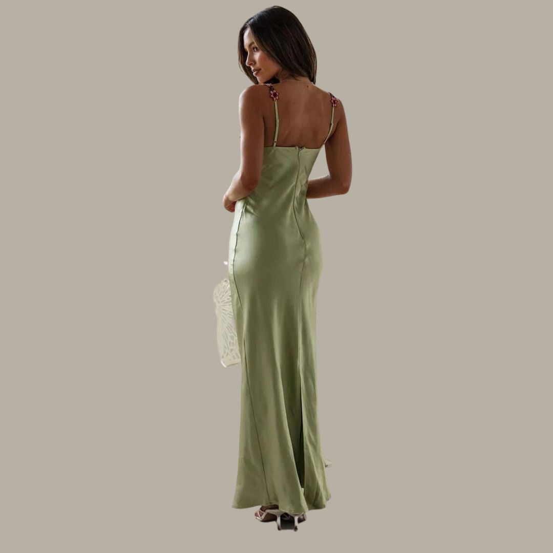 Women’s Satin Maxi Dress with Floral Embellishments for Wedding Guests 6