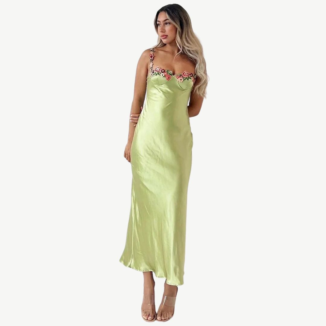 Women’s Satin Maxi Dress with Floral Embellishments for Wedding Guests 8