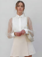 Women’s Sheer Sleeve Blouse with Collar and Button Front 1