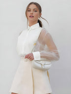 Women’s Sheer Sleeve Blouse with Collar and Button Front 2