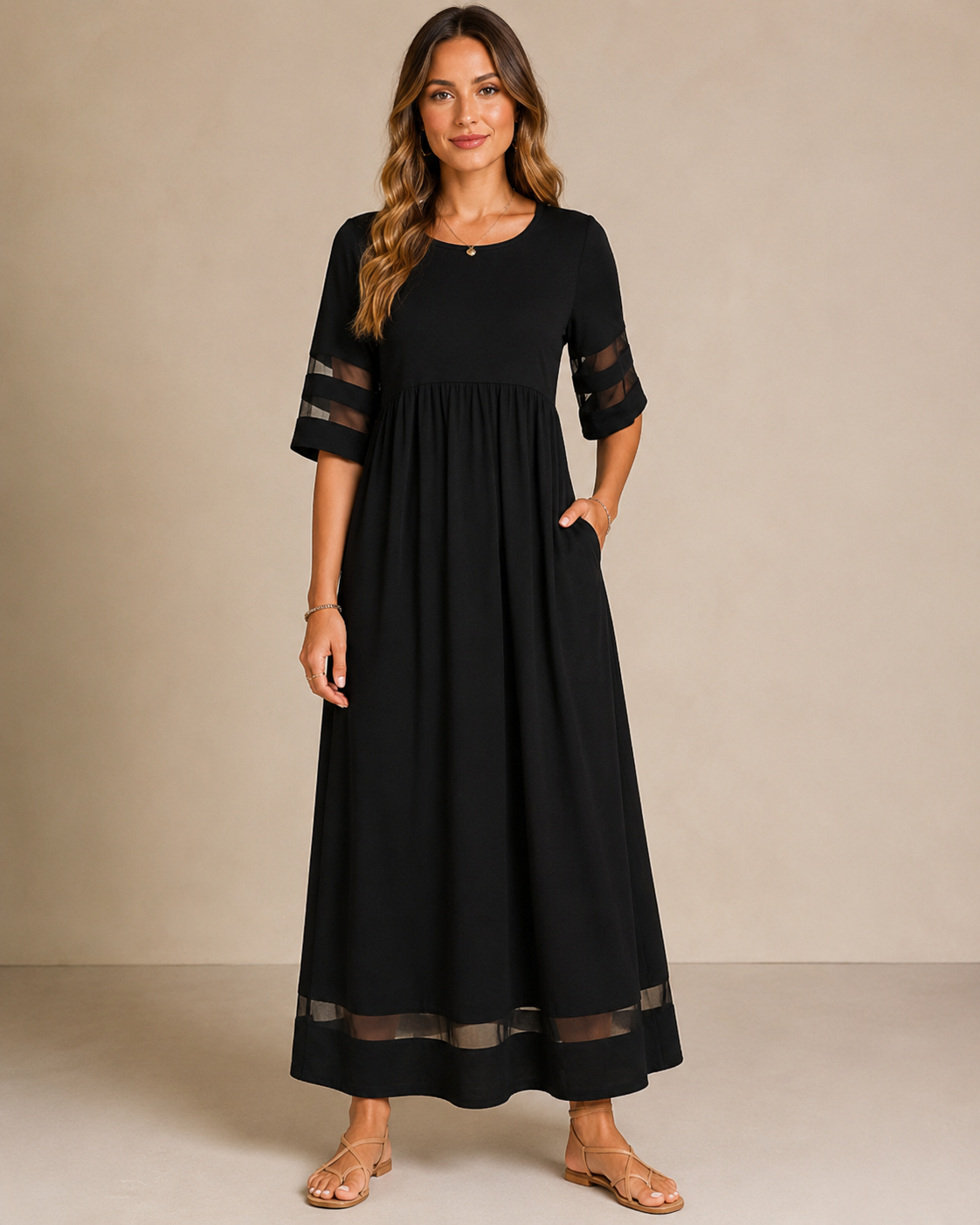 Women’s Sheer Sleeve Maxi Dress with Relaxed Fit and Functional Pockets 04