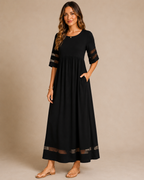 Women’s Sheer Sleeve Maxi Dress with Relaxed Fit and Functional Pockets 0111