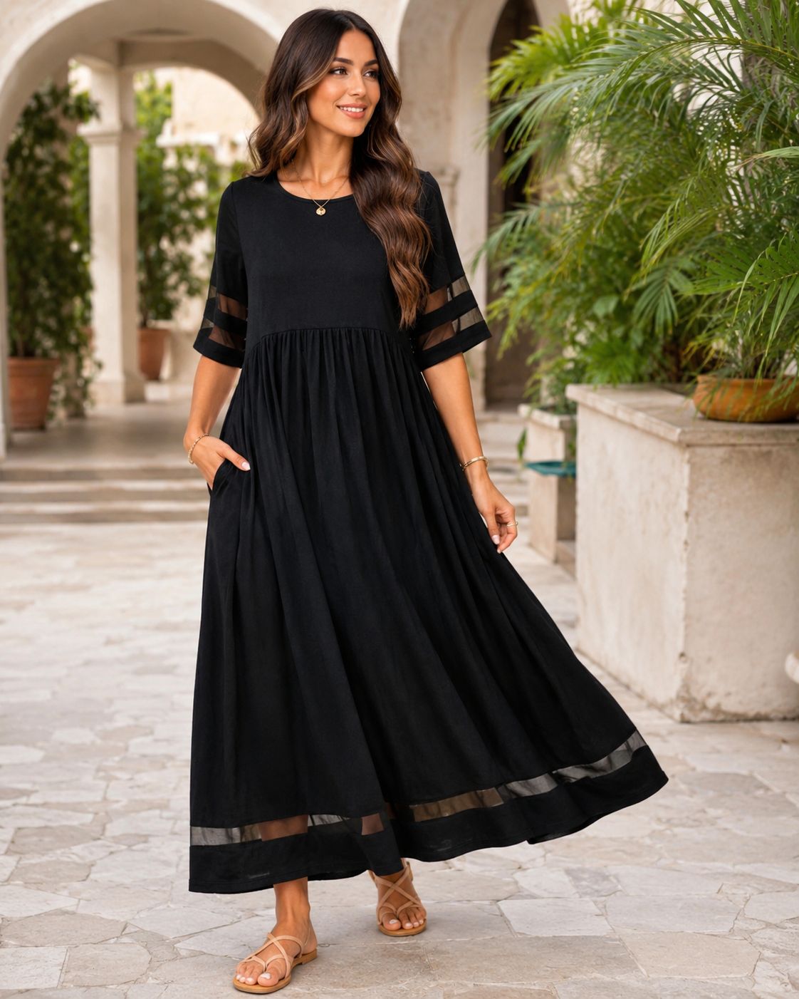 Women’s Sheer Sleeve Maxi Dress with Relaxed Fit and Functional Pockets 03