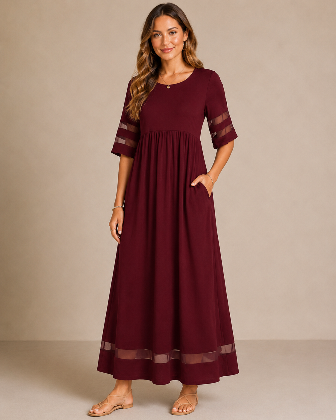 Women’s Sheer Sleeve Maxi Dress with Relaxed Fit and Functional Pockets 022