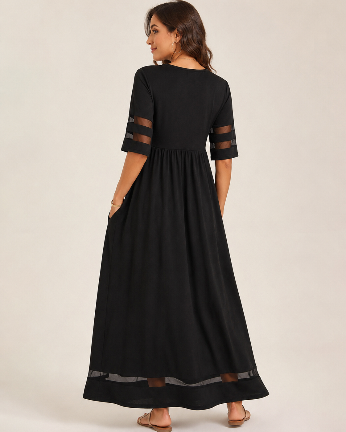 Women’s Sheer Sleeve Maxi Dress with Relaxed Fit and Functional Pockets 01