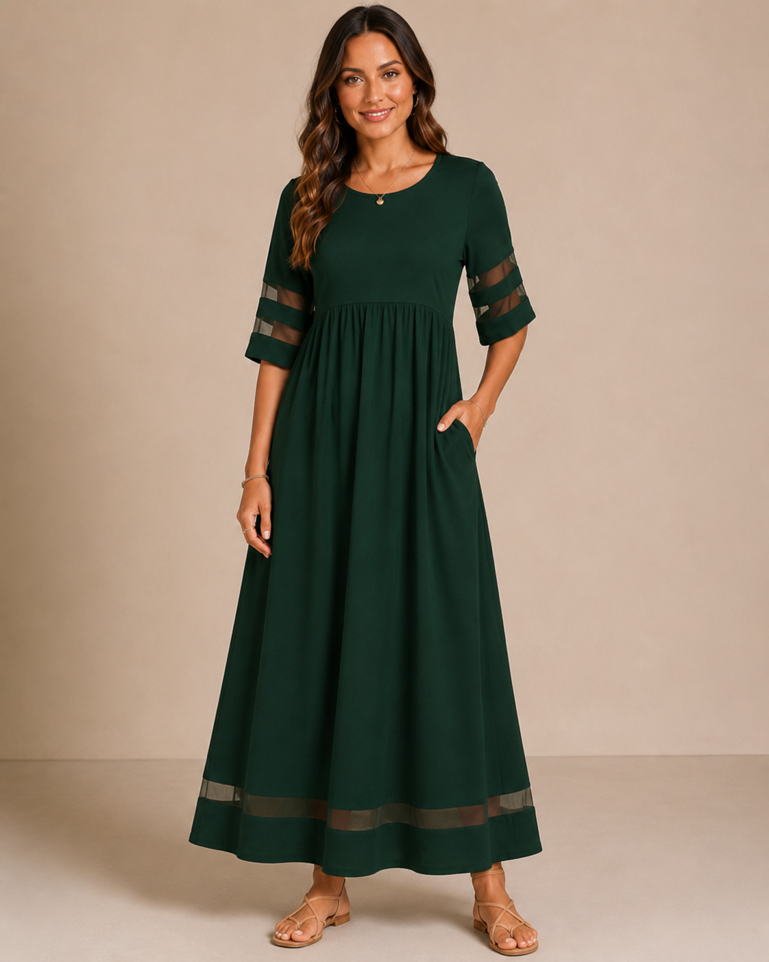 Women’s Sheer Sleeve Maxi Dress with Relaxed Fit and Functional Pockets 033