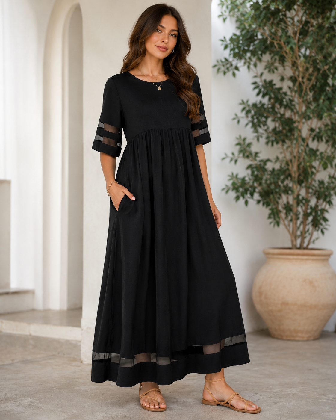 Women’s Sheer Sleeve Maxi Dress with Relaxed Fit and Functional Pockets 02