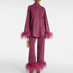 Women’s Shiny Set with Feather Sleeves and Relaxed Fit 1