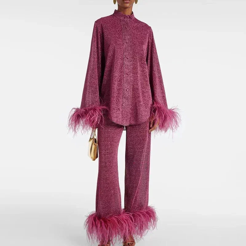Women’s Shiny Set with Feather Sleeves and Relaxed Fit 1